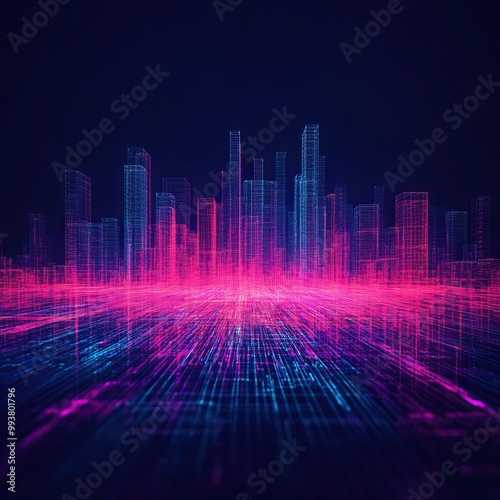 Futuristic digital skyline with vibrant neon colors creating an abstract cityscape, blending technology and art in a unique visual experience.