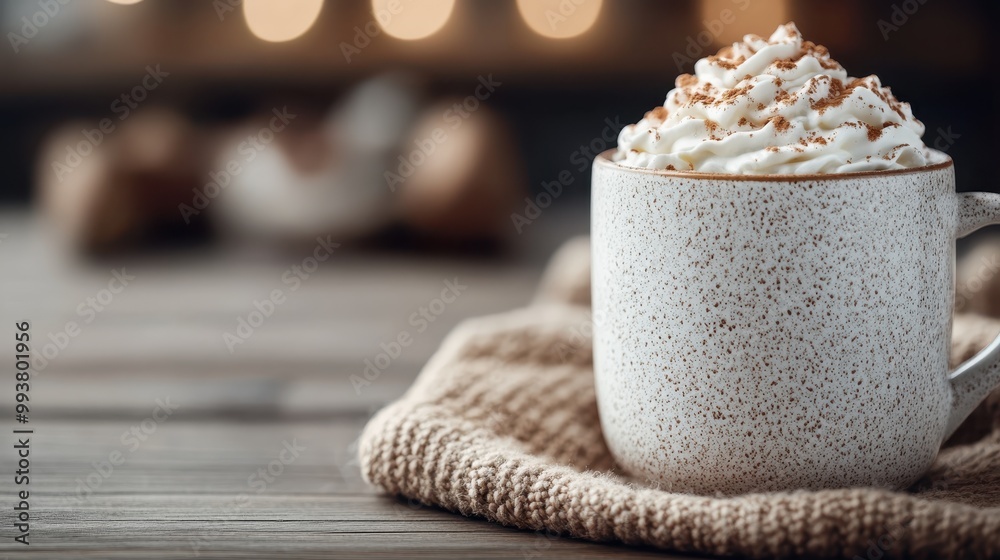 A rustic ceramic mug filled with frothy cappuccino and topped with whipped cream, placed on a textured wooden table mat, capturing a warm and homely essence. A rustic ceramic mug filled with frothy cappuccino and topped with whipped cream, placed on a textured wooden table mat, capturing a warm and homely essence.
