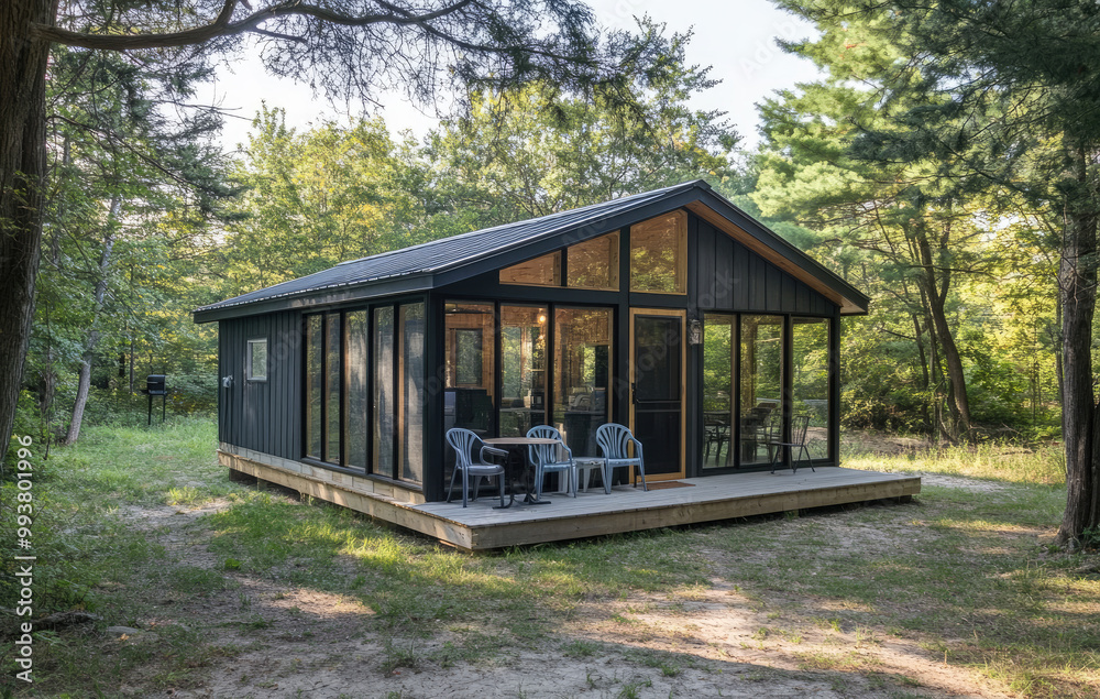 A small black cabin with large windows and a wooden porch, located in the middle of an open field surrounded by trees. A small black cabin with large windows and a wooden porch, located in the middle of an open field surrounded by trees.