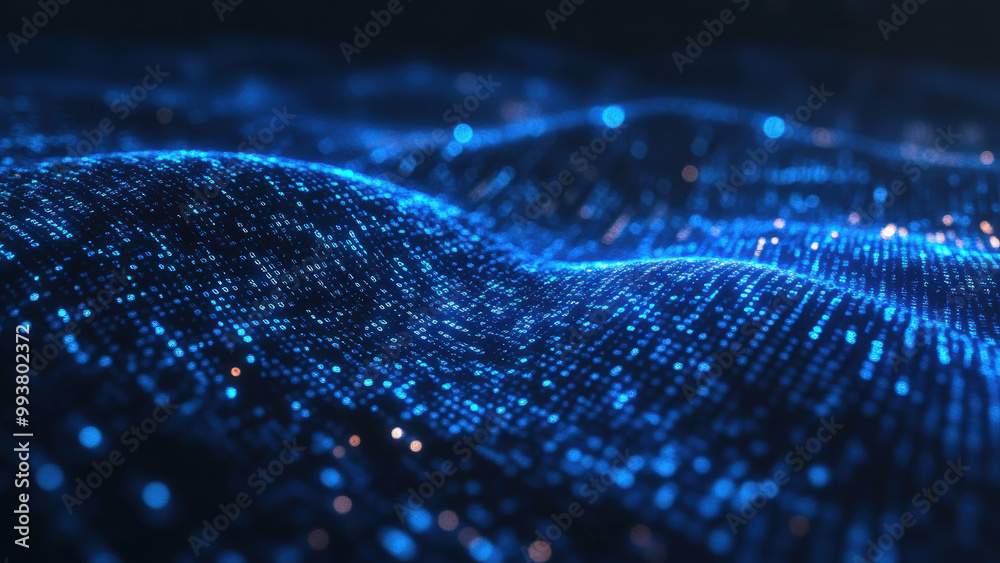 A digital blue background with binary code and glowing particles. A digital blue background with binary code and glowing particles.