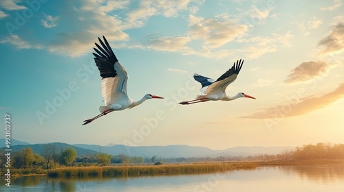 A pair of white storks flying over a Korean wetland, with room for copy text in the sky.