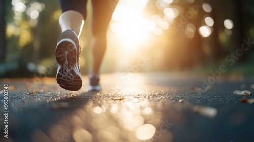 The shoes of a runner are caught mid-stride on a glistening path, bathed in the golden morning light, epitomizing the start of an active and vibrant day. photo