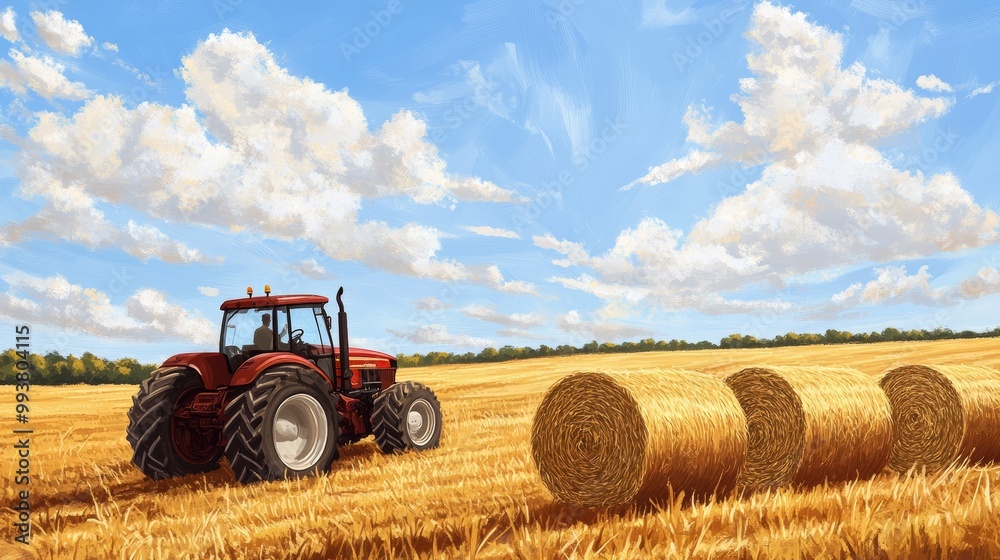Obraz premium A farmer drives a tractor in a field, making straw bales. The harvested field is filled with bales, and the sky above is dotted with white clouds.
