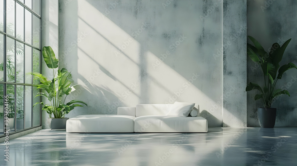 Minimalist Living Room Interior Design with White Couch and Sunlight