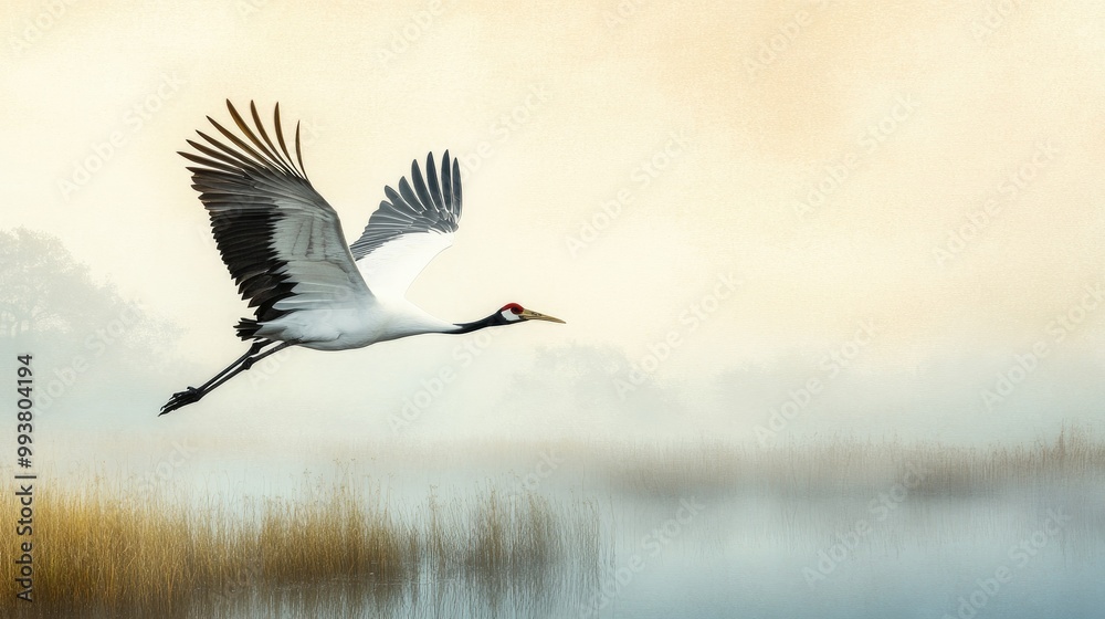 Fototapeta premium A red-crowned crane taking flight over a wetland, leaving room for copy space in the sky.