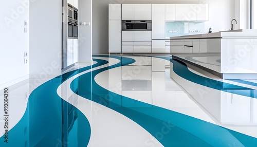 Modern kitchen with glossy, marble-patterned resin floor, abstract turquoise and white swirls, sleek and artistic interior design