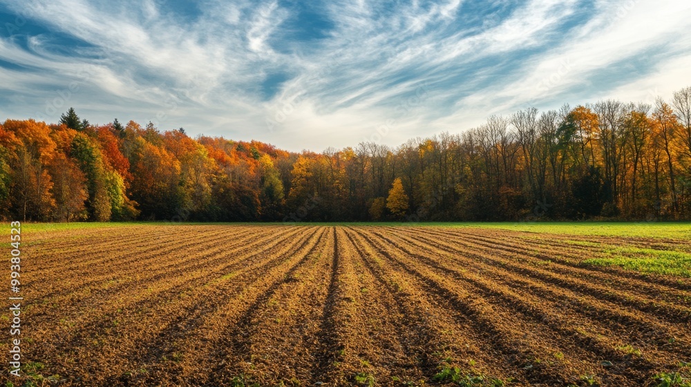 A field used for farming sits beside an autumn forest. The colors of fall are all around in the countryside. A field used for farming sits beside an autumn forest. The colors of fall are all around in the countryside.