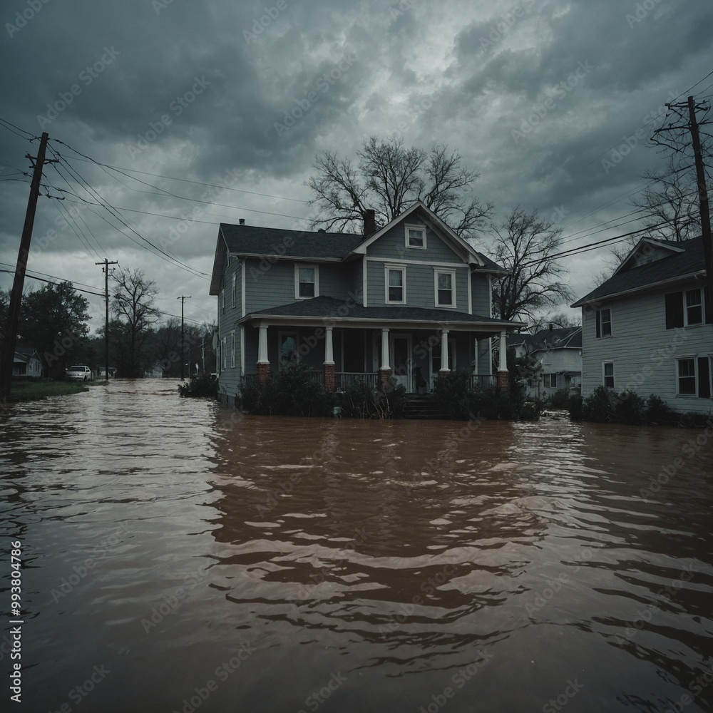 Massive rainfall creates flood emergency in city streets with vehicles and homes submerged Massive rainfall creates flood emergency in city streets with vehicles and homes submerged
