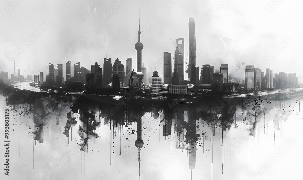 Fototapeta premium Guangzhou Skyline Meets Ancient Chinese Brush