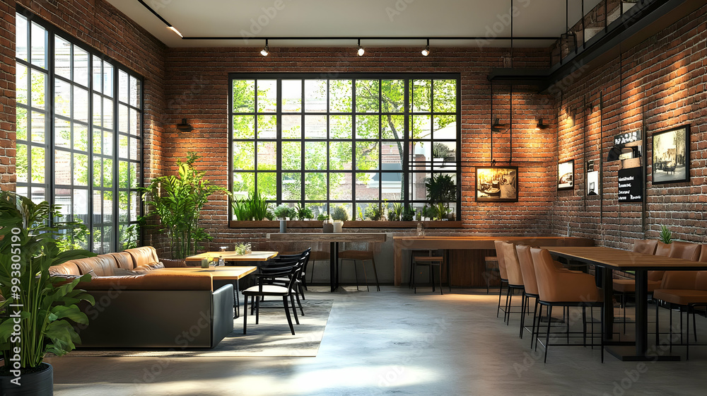 3D Rendering of a Modern Restaurant Interior with Brick Walls, Large Windows, and Industrial-Style Lighting 3D Rendering of a Modern Restaurant Interior with Brick Walls, Large Windows, and Industrial-Style Lighting