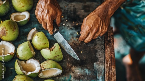 Top view of a man chopping fresh coconut with a knife for a drink against a backdrop of green coconuts. Young, fresh coconuts are a tropical fruit found in Thailand.