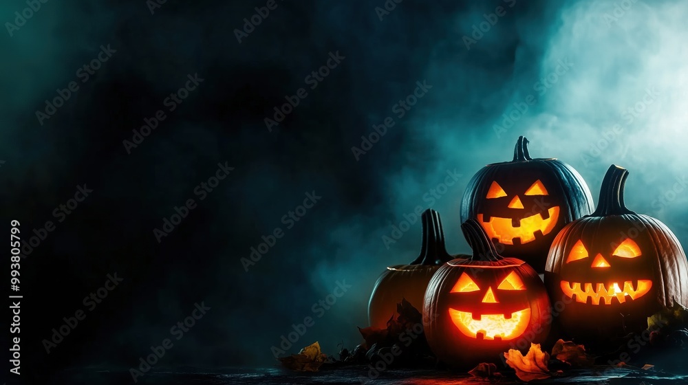 Naklejka premium Illuminated Halloween pumpkins with carved faces glowing in the dark, creating a haunting night atmosphere on a foggy dark blue background. This eerie and hyper-realistic banner design provides ample 