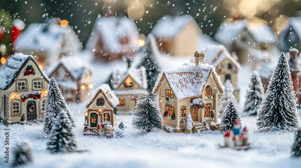 Naklejka premium A charming miniature village scene covered in snow, featuring cozy houses and evergreen trees, evoking a festive winter atmosphere.