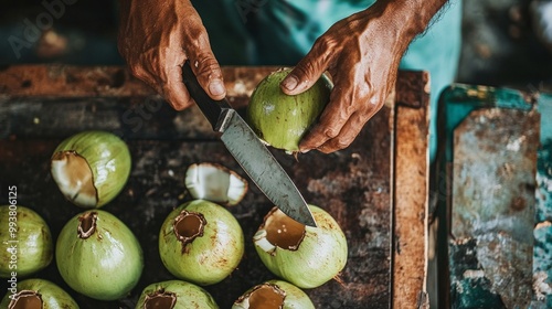 Top view of a man chopping fresh coconut with a knife for a drink against a backdrop of green coconuts. Young, fresh coconuts are a tropical fruit found in Thailand.