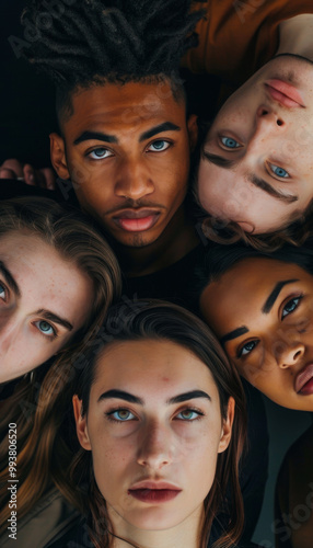 A diverse group of people looking directly at camera, showcasing unique features and expressions. Their captivating eyes and varied hairstyles create striking visual impact