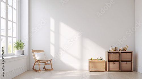 Wallpaper Mural A bright and airy minimalist children's room with white walls, a wooden toy storage box, and a small chair by the window. Neatly organized space with minimal clutter Torontodigital.ca