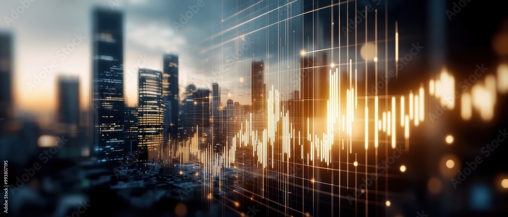 Modern city skyline with data visualization and financial graphs overlaying the urban landscape. Modern city skyline with data visualization and financial graphs overlaying the urban landscape.