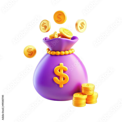 A colorful cartoon-style money bag overflowing with coins, symbolizing wealth and prosperity. The bag has a dollar sign and various coins around it. photo