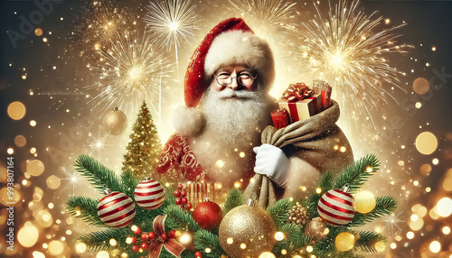Santa Claus with sack of gifts on fireworks background