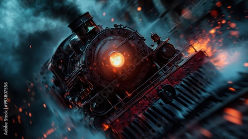 A dynamic image of a powerful steam train moving at high speed through the night, surrounded by glowing embers and smoke. The bright headlamp cuts through the darkness. photo