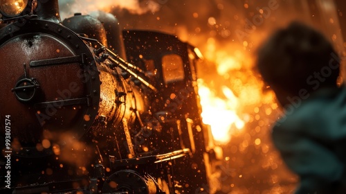 A close-up of a vintage locomotive spewing fire and steam, with a figure in the background watching intensely. The image captures the heat and intensity of the moment. photo