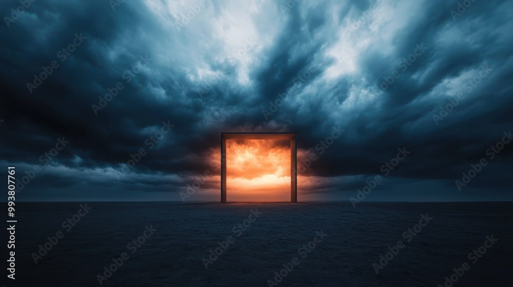 A fiery glowing portal appears within dark storm clouds, revealing a vibrant sunset beyond, symbolizing hope, transcendence, and the duality of storm and calm. A fiery glowing portal appears within dark storm clouds, revealing a vibrant sunset beyond, symbolizing hope, transcendence, and the duality of storm and calm.