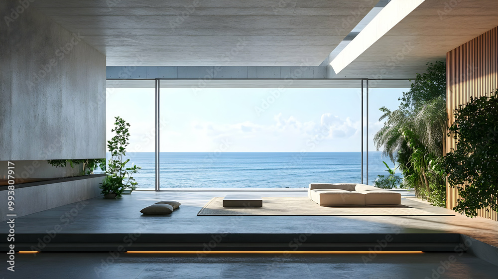 Modern Minimalist Living Room with Ocean View 3D Illustration Modern Minimalist Living Room with Ocean View 3D Illustration