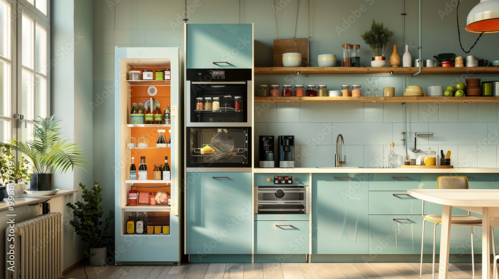 A modern kitchen featuring smart refrigerator with vibrant interior, showcasing organized food items and sleek design. space is bright and inviting, perfect for culinary creativity