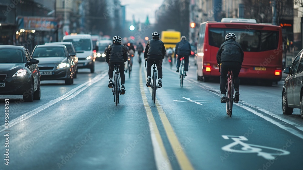 Fototapeta premium A group of cyclists navigates a busy urban street, sharing the road with vehicles, highlighting the coexistence of biking and driving.