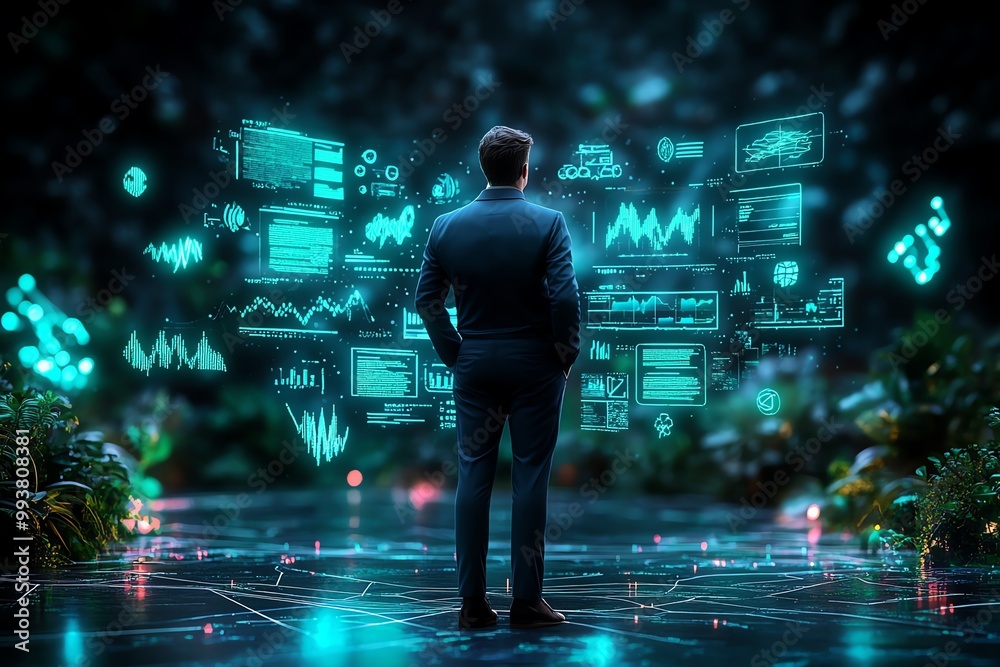 A CEO standing in a magical office, where glowing charts and floating documents represent the future of business in a fantasy world A CEO standing in a magical office, where glowing charts and floating documents represent the future of business in a fantasy world