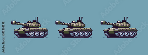 Pixel art of a military tank with a large cannon on a blue background.