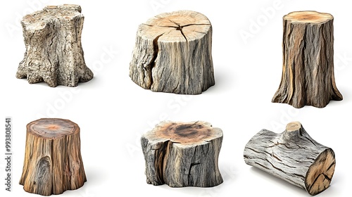 A collection of various tree stumps showcasing different textures and shapes.