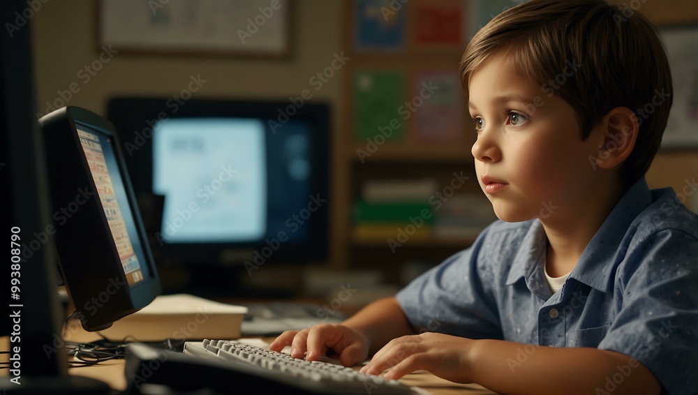 Child at a desk, captivated by a computer screen. Child at a desk, captivated by a computer screen.