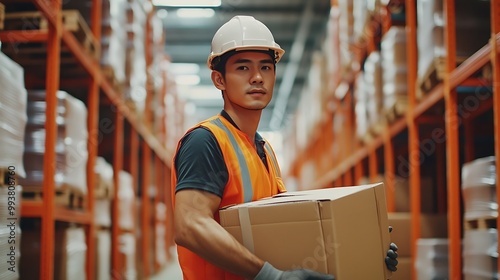 A young man in safety gear carrying a box in a warehouse filled with shelves.