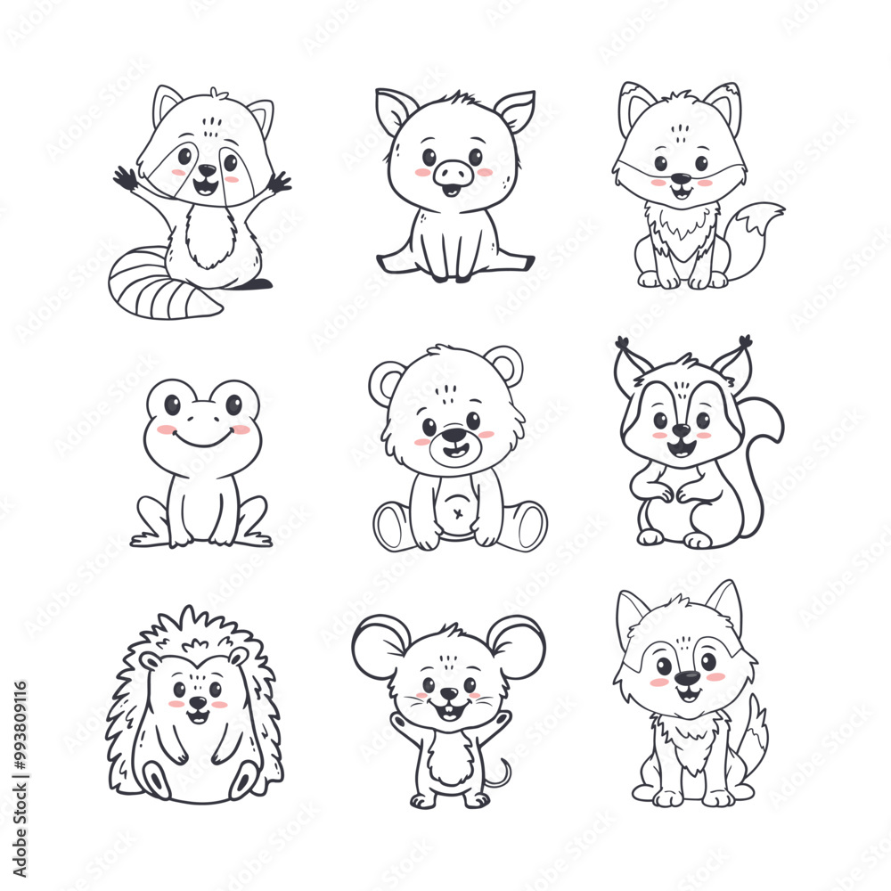 Obraz premium Set of cartoon cute animals including squirrel, fox, bear, hedgehog, pig, raccoon, mouse, frog and wolf. Forest animals for magazines, postcards. Vector illustration