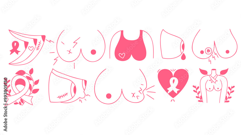 Breast Cancer Awareness doodle set. Medical conceptual vector icons about breast cancer awareness, disease symptoms. Breast Cancer Awareness doodle set. Medical conceptual vector icons about breast cancer awareness, disease symptoms.