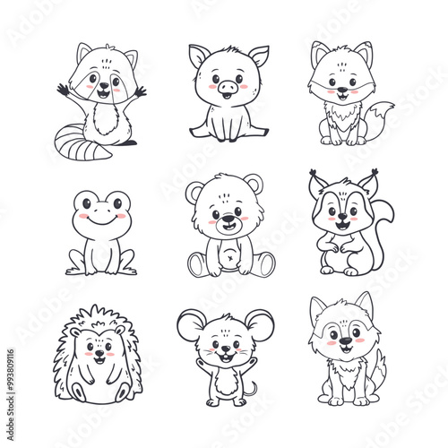 Set of cartoon cute animals including squirrel, fox, bear, hedgehog, pig, raccoon, mouse, frog and wolf. Forest animals for magazines, postcards. Vector illustration