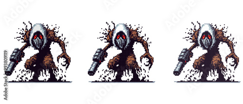 A pixel art depiction of a menacing hooded monster holding a weapon. Features dark tones and red eyes for a mysterious and ominous atmosphere.