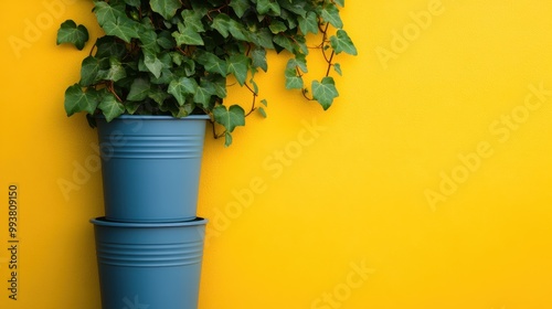 Two blue flower pots are stacked with ivy plant overflowing from the top pot against a bright yellow background, illustrating a blend of lively greenery and vibrant container gardening. photo