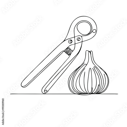 Garlic press. Icon. Vector drawing. One line art. A simple drawing of a continuous line of a kitchen electric appliance.