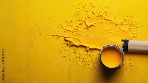 A dynamic image featuring a yellow paint can and brush, with paint splattered across the surface, representing creativity and artistic expression. photo