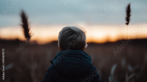 A young boy with blonde hair looks out into the sunset over an open field, capturing a moment of innocence, wonder, and connection with the natural world at dusk.