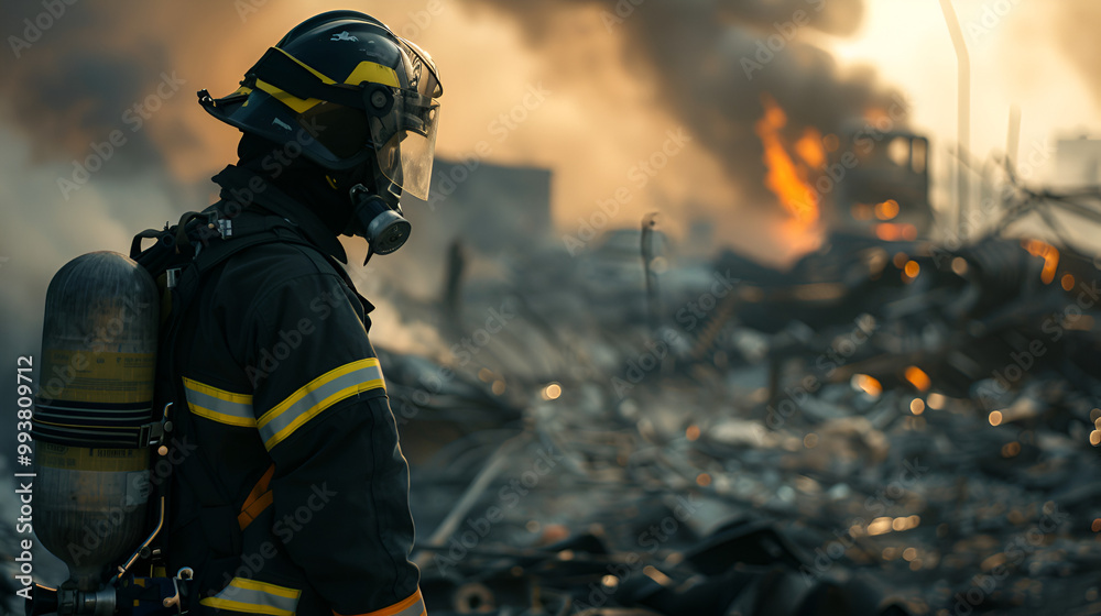 Courageous firefighters working together to put out a large fire in a busy urban area Courageous firefighters working together to put out a large fire in a busy urban area