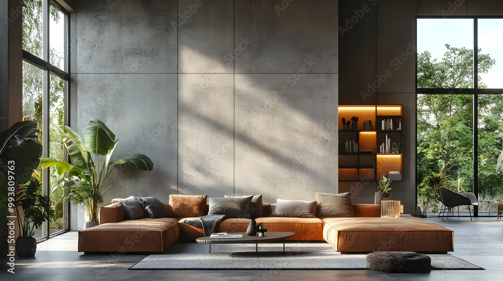 Modern Living Room with Large Windows and a Sectional Sofa - 3D Illustration Modern Living Room with Large Windows and a Sectional Sofa - 3D Illustration