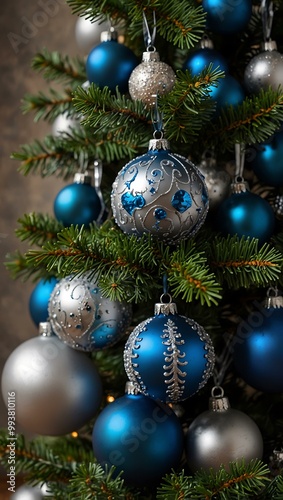 Christmas tree with blue and silver ornaments.