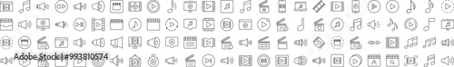Set of Media Player Related Line Icons. Editable Stroke for Design, Web Sites, Apps, Cards. Contains Linear Images of Clapperboard, Musical Note, Loud Speaker