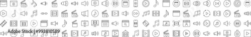Media Player Bundle of Related Line Icons. Editable Stroke for Design, Web Sites, Apps, Cards. Contains Linear Images of Clapperboard, Musical Note, Loud Speaker