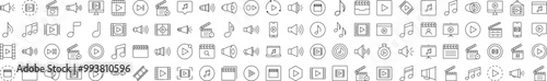 Collection of Media Player Related Line Icons. Editable Stroke for Design, Web Sites, Apps, Cards. Contains Linear Images of Clapperboard, Musical Note, Loud Speaker