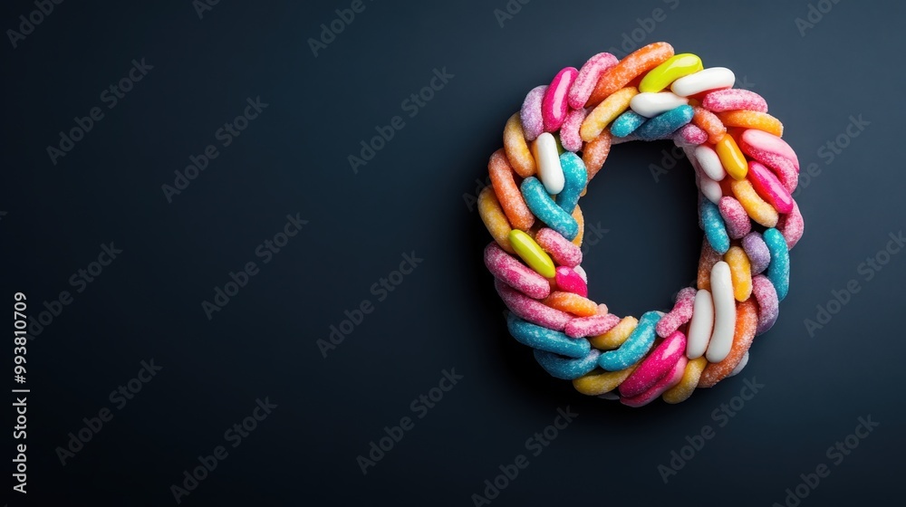 A striking image of a bright, multicolored candy wreath displayed on a dark backdrop, showcasing the vivid colors and intricate design of the sweet confectionery item. A striking image of a bright, multicolored candy wreath displayed on a dark backdrop, showcasing the vivid colors and intricate design of the sweet confectionery item.