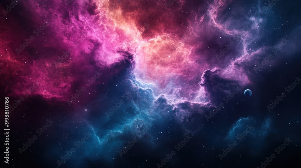 A stunning image of a colorful cosmic nebula with swirling clouds of gas and dust, distant stars, and a visible planet, creating a visually mesmerizing depiction of outer space. A stunning image of a colorful cosmic nebula with swirling clouds of gas and dust, distant stars, and a visible planet, creating a visually mesmerizing depiction of outer space.